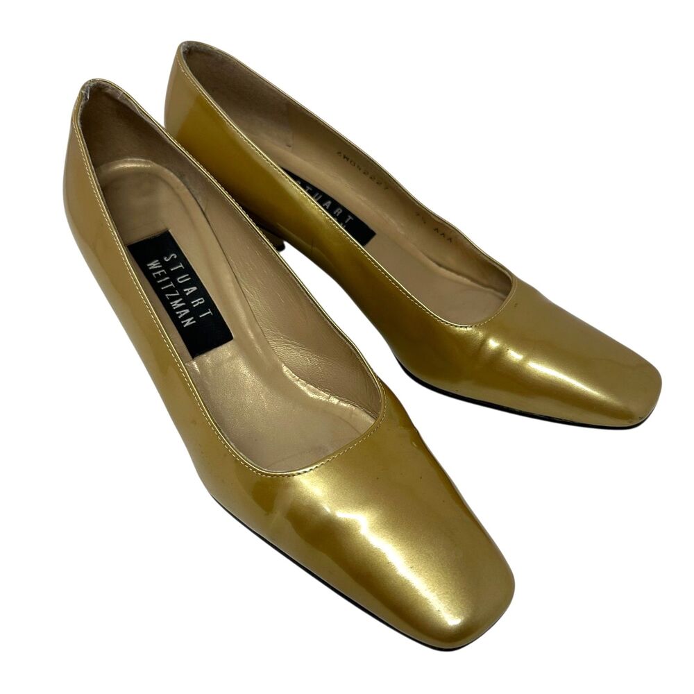 Stuart Weitzman Shiny Gold Square-Toe Low Heel Pumps